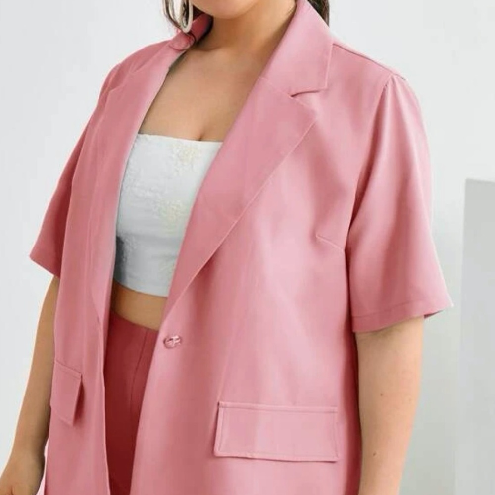 Plus Solid Lapel Neck Single Button Blazer & Shor… - image 5